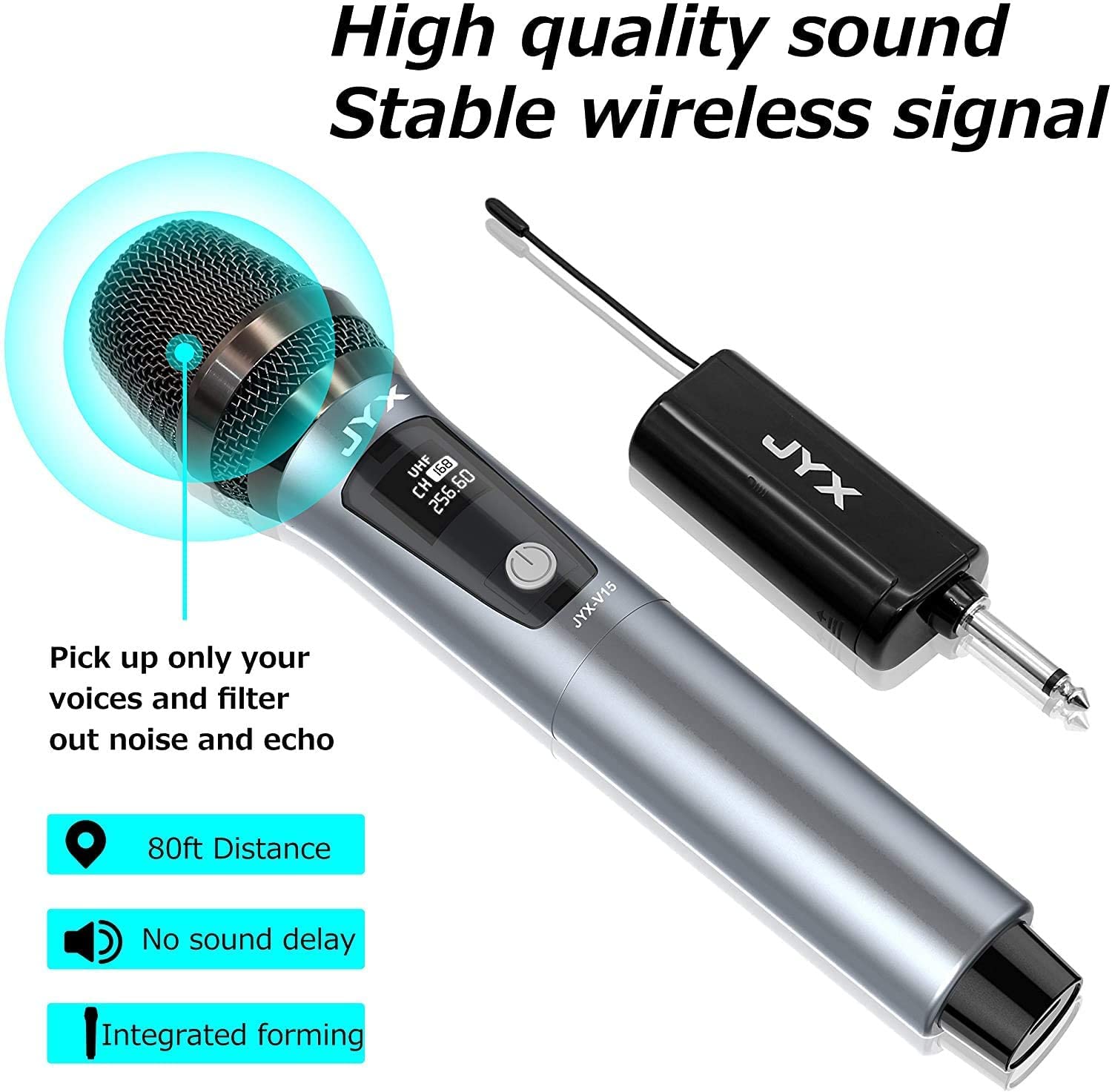 JYX Wireless Microphone, Professional UHF Metal Handheld Dynamic Mic System with Rechargeable Receiver 1/4''(6.35mm) Plug, for A